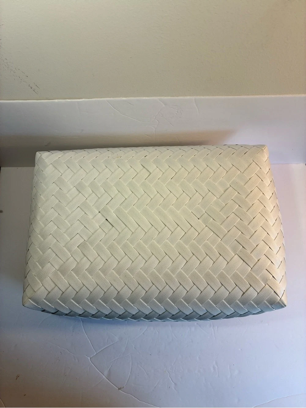 White Woven Plastic Basket with Bamboo Trim
